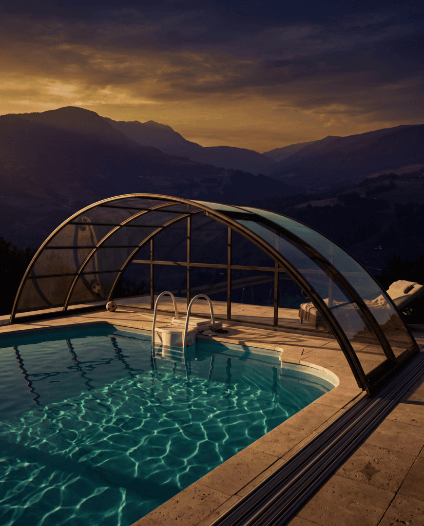 Pool with a retractable glass enclosure